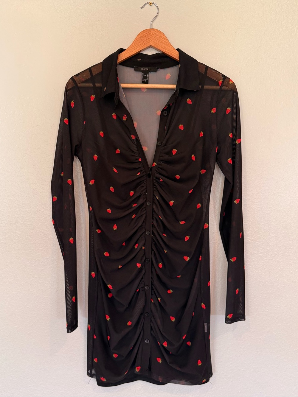Forever 21 Black Strawberry Mesh Ruched Mini Dress Size L